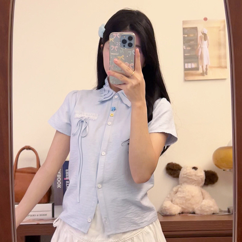蕾丝拼接蝴蝶结系带polo领衬衫女