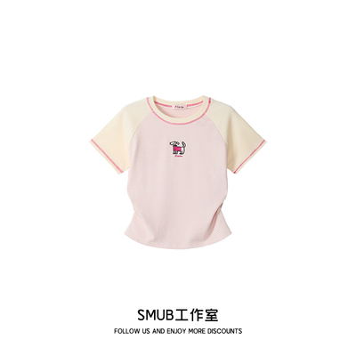 刺绣小狗条纹插肩短袖t恤女夏季小个子修身短款正肩上衣2025新款