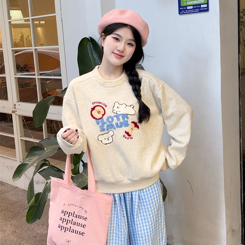 设计感蕾丝花边拼接宽松上衣新款小熊刺绣字母圆领加绒卫衣女秋冬