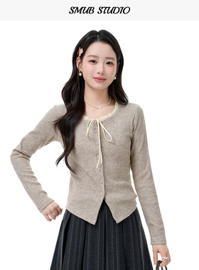 设计感绑带长袖针织衫女正肩长袖内搭打底衫小个子修身开衫短上衣