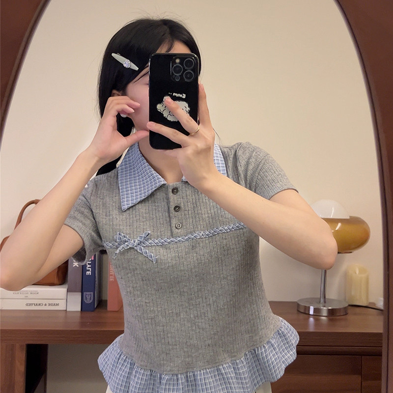蝴蝶结格纹拼接polo领短袖t恤女2026新款小个子修身短款针织上衣