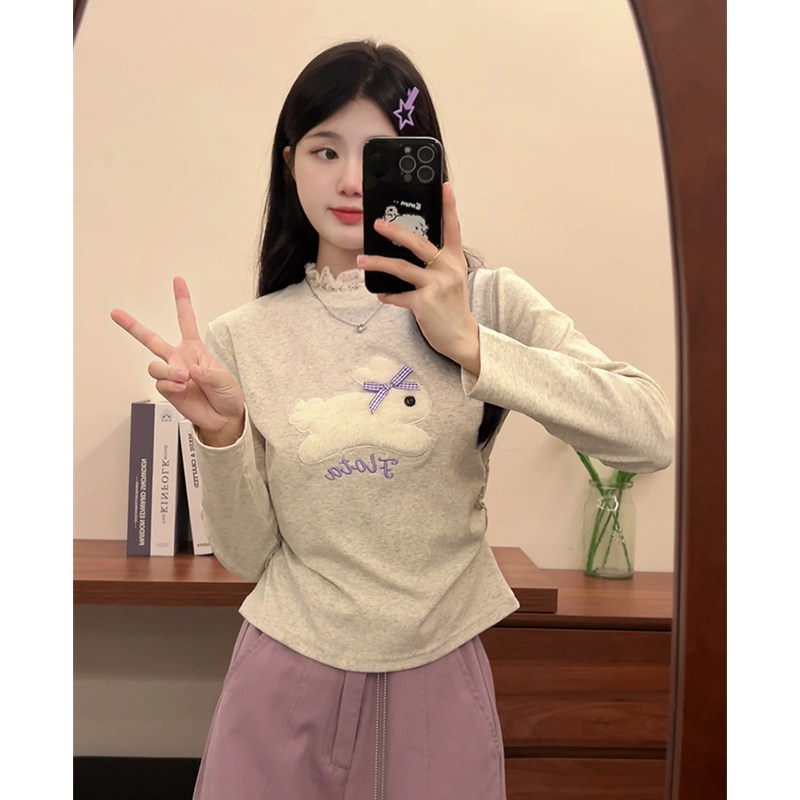 灰色长袖t恤女蕾丝圆领甜美兔子