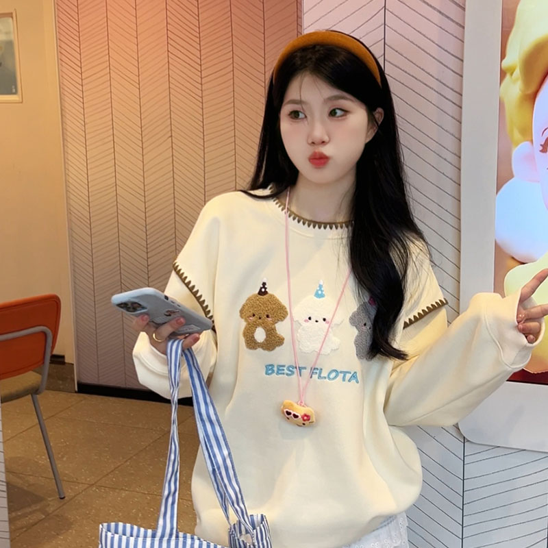独特别致花边拼接长袖上衣可爱小狗刺绣甜妹风宽松卫衣女秋季新款