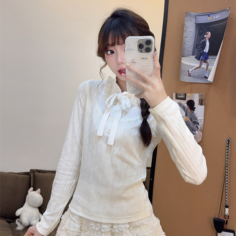 杏色立体蝴蝶结花边立领长袖T恤