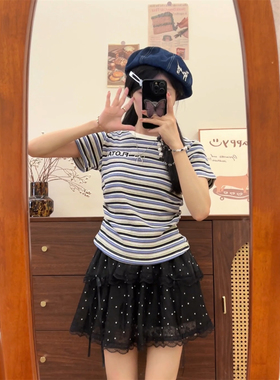 刺绣字母条纹短袖女显瘦正肩T恤甜妹风收腰短款针织上衣复古修身