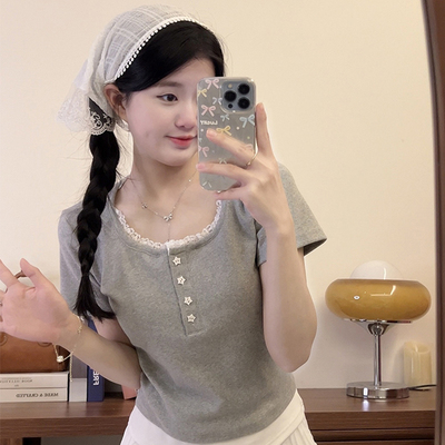 韩系星星纽扣蕾丝假两件短袖t恤女夏季修身短款正肩上衣2025新款