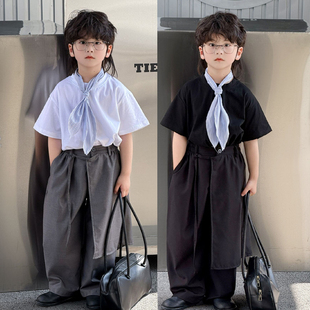 韩范男童夏装套装2025新款痞帅风时尚短袖t恤儿童走秀潮酷演出服