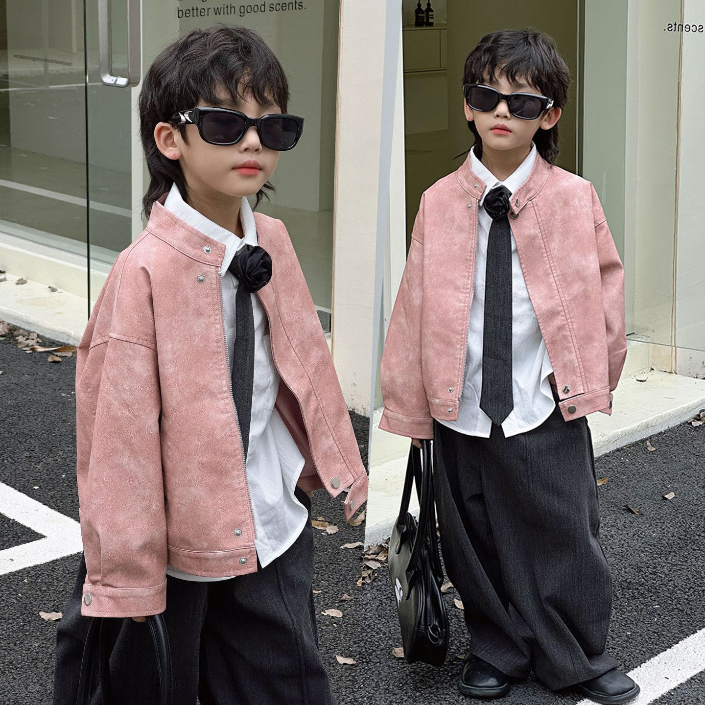 韩范痞帅男童粉色皮衣外套2025儿童机车服酷飒风套装走秀炸街潮服