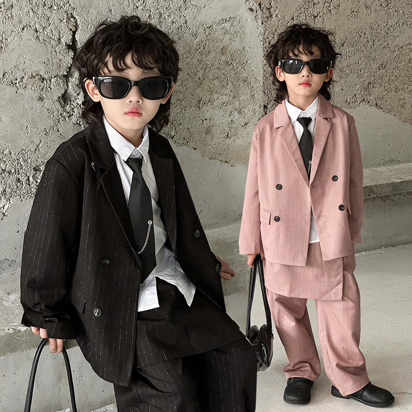 粉色男童西装套装潮帅气时髦花童男孩生日礼服休闲儿童主持人西服