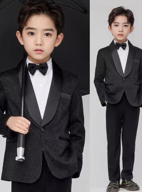 花童男童主持人礼服亮闪闪儿童小西装套装黑色婚礼男孩钢琴演出服