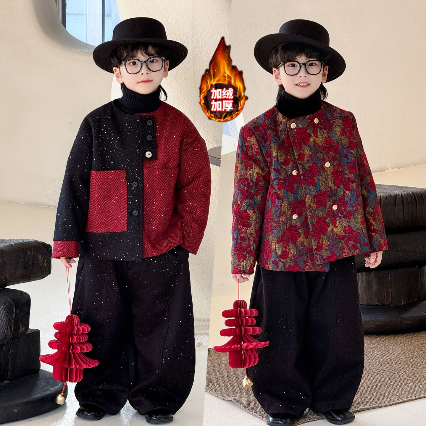 男童小香风套装2026新款潮帅气时髦儿童西装外套加绒红色拜年服冬