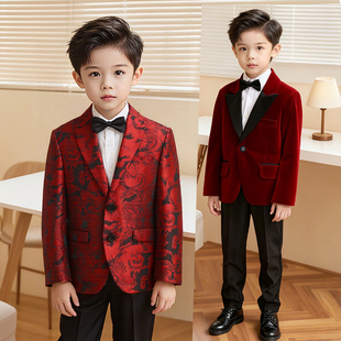 儿童西装套装红色英伦帅气花童男童主持人礼服演讲西服钢琴演出服