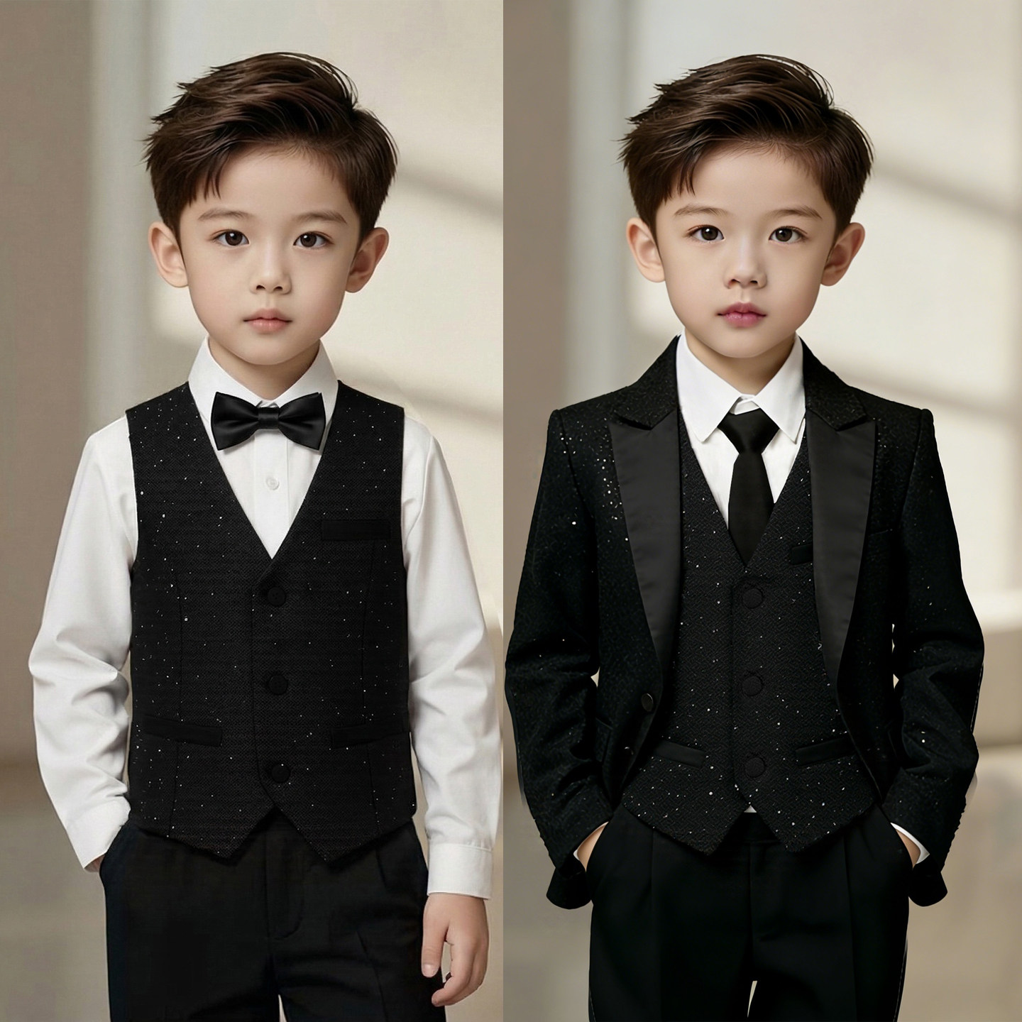 儿童西装套装黑色英伦男童主持人礼服闪亮花童生日西服钢琴演出服