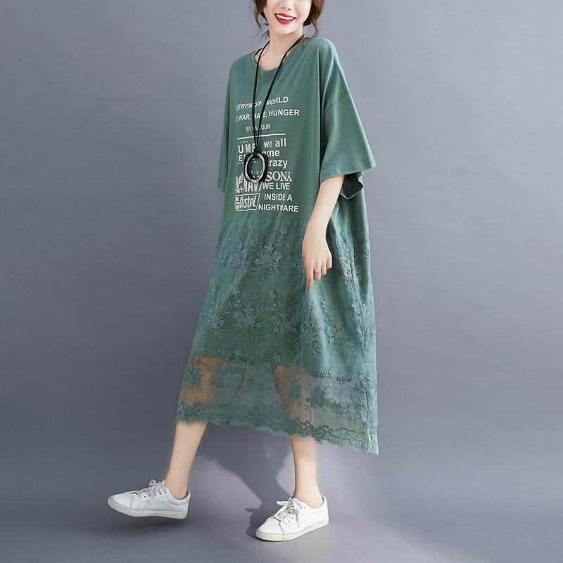 棉麻短袖连衣裙女2025夏季新款宽松大码印花中长款蕾丝拼接大摆裙