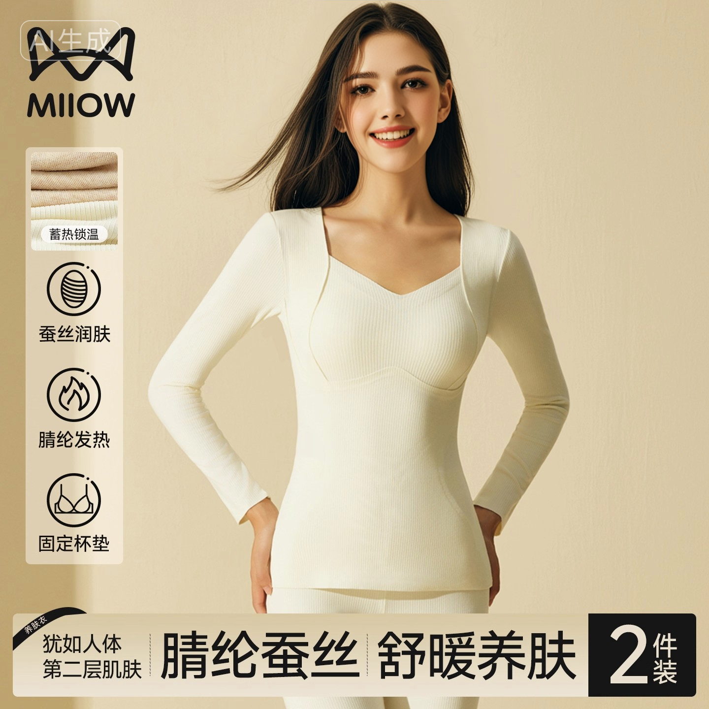 猫人保暖内衣女款带胸垫打底衣德绒发热秋冬季秋衣秋裤套装女线衣