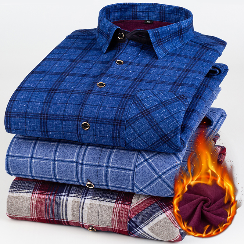 冬季格子保暖长袖衬衫男士中老年加绒加厚衬衣宽松大码休闲寸衫潮