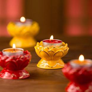 供佛前供灯财神爷莲花放蜡烛黄红色陶瓷烛台家用供奉酥油灯粒底座