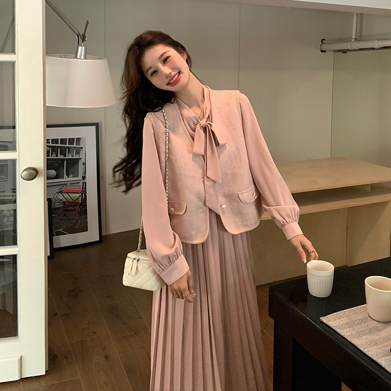 速发套色马甲连衣裙漂件套春今年流行两亮独特超好看粉装