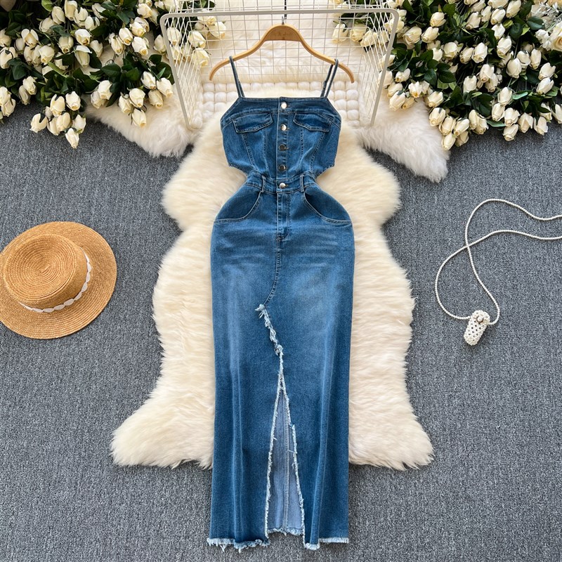 速发ch港风复古牛吊裙子设计感毛边仔叉中长款开带连衣裙夏装