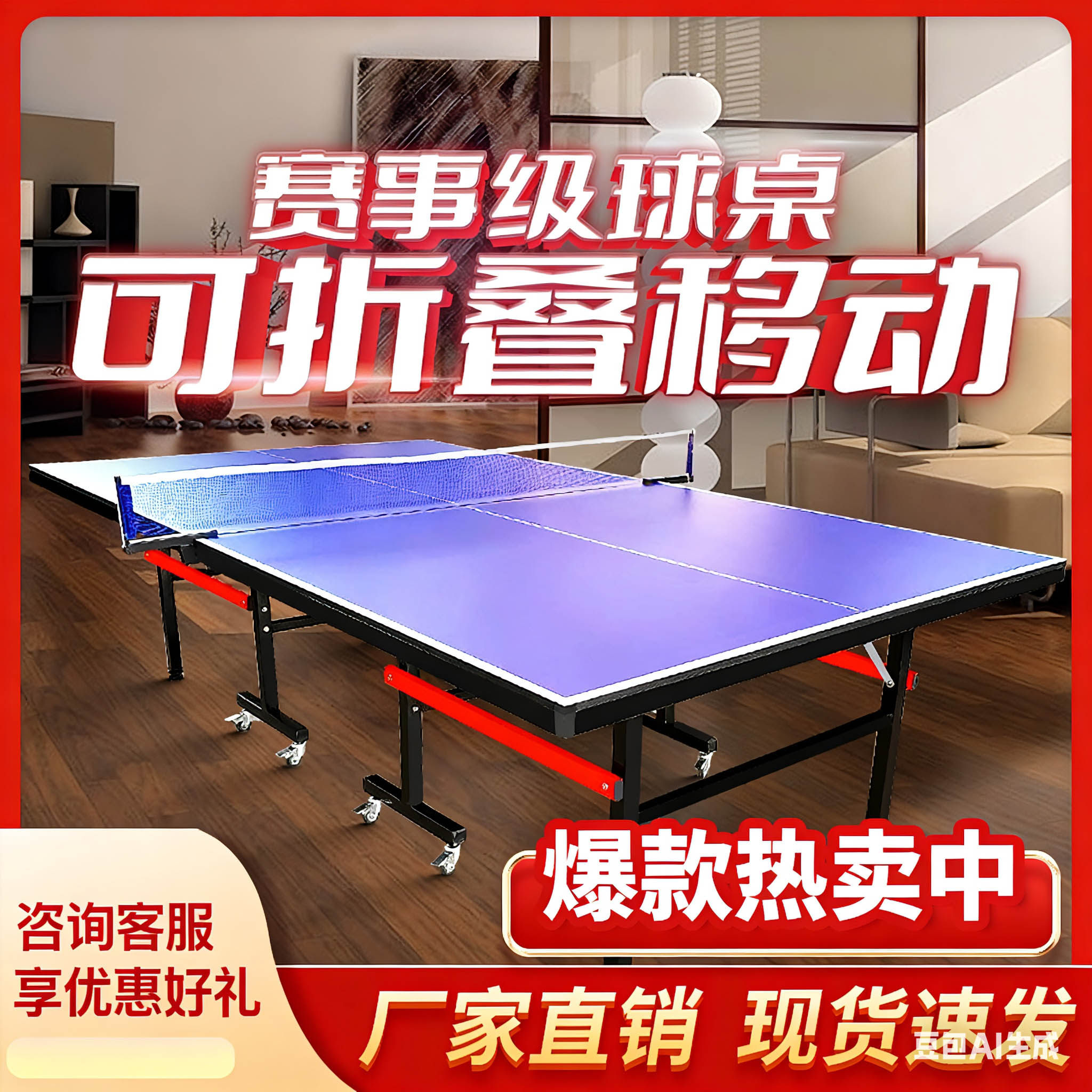 红星乒乓球桌家用可折叠式标准比赛专用室内带轮移动乒乓球台案子
