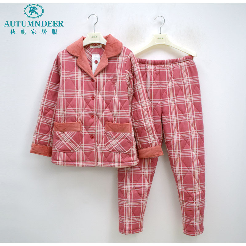 秋鹿睡衣冬季专柜新款女士纯棉加厚保暖大码家居服舒适格子女棉袄