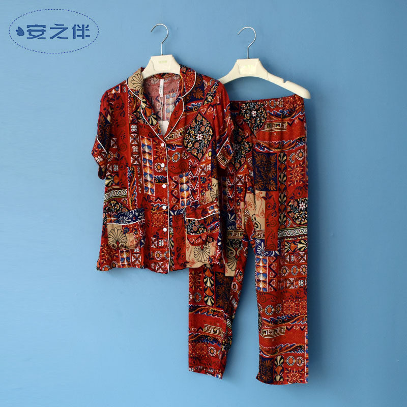 安之伴睡衣专柜新款夏季女士弹力梭织印花国民领短袖女家居服套装