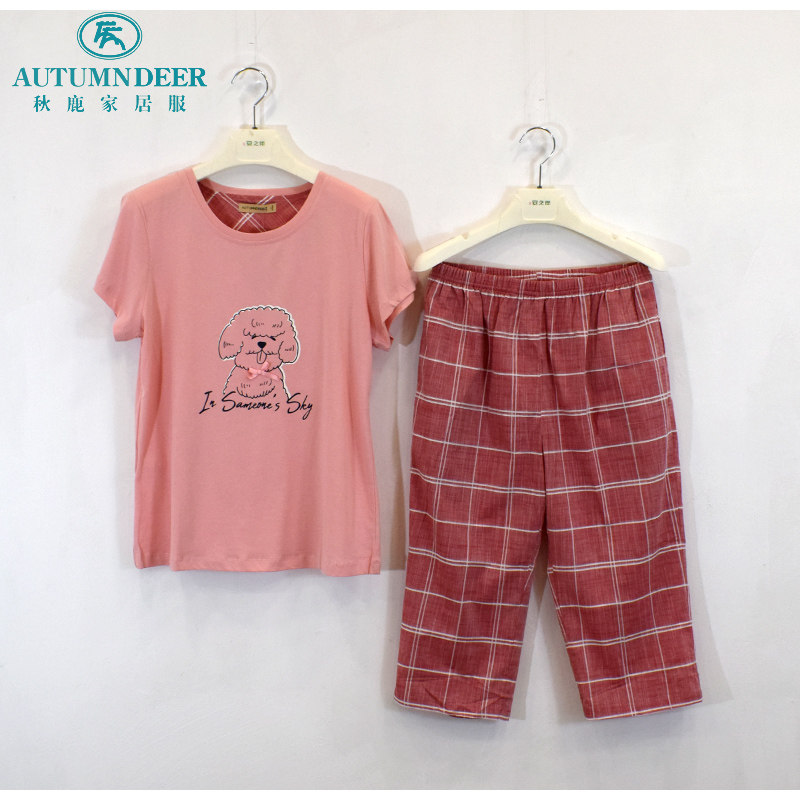 秋鹿睡衣夏季新品女士纯棉卡通可外少女学生短袖七分裤薄家居服套
