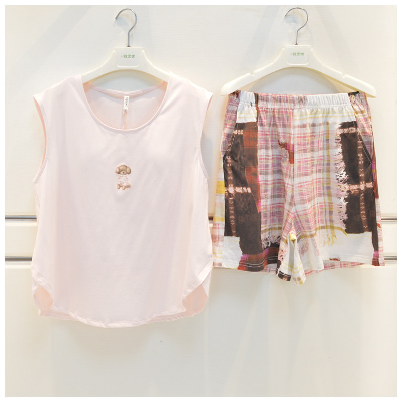 安之伴妮可雅睡衣夏季女士针织纯棉可爱背心淑女短裤带胸垫家居服