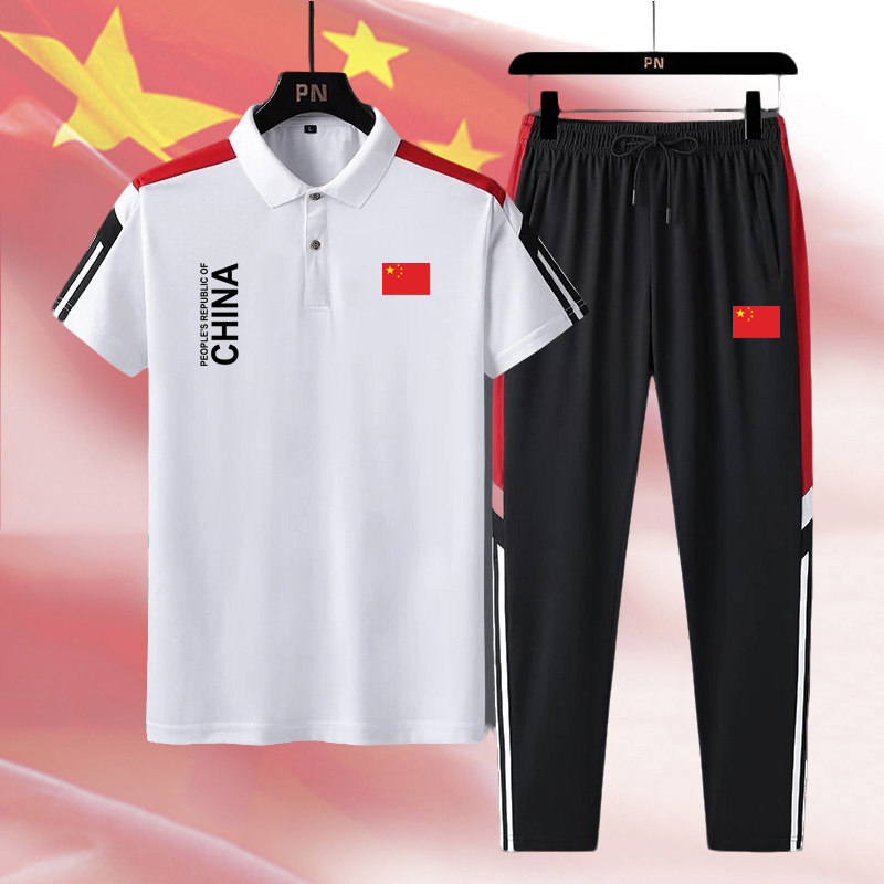 中国队China运动套装男女夏季短袖翻领t恤长裤休闲运动服两件套