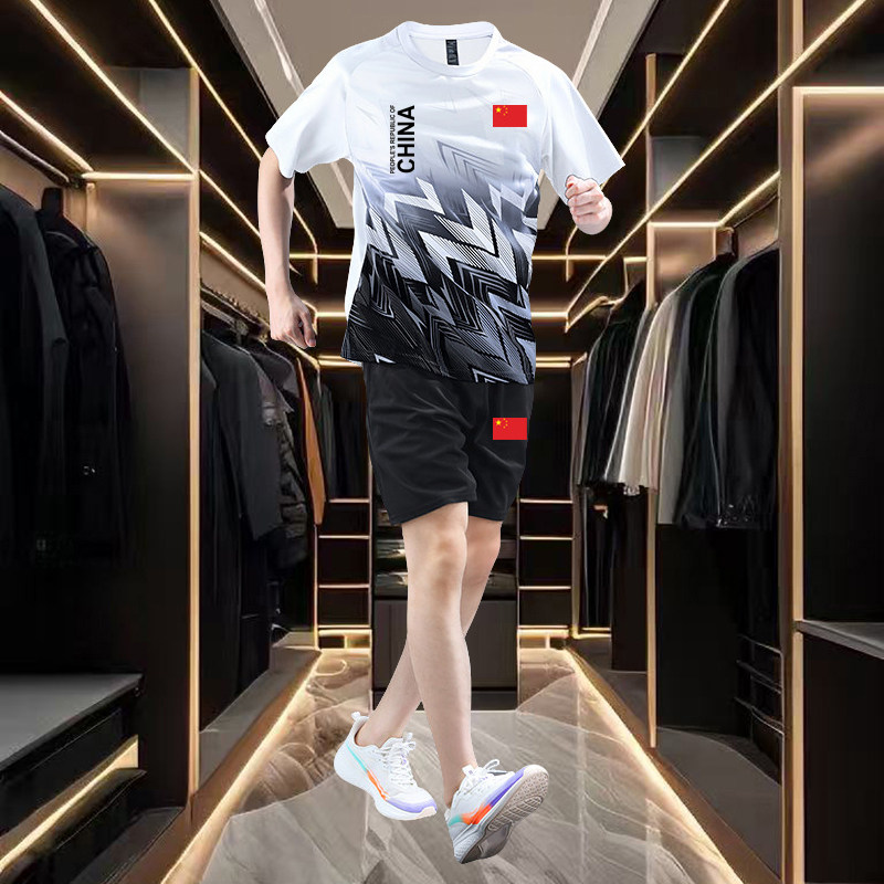 中国队运动套装男夏季短袖短裤速干两件套羽毛球篮球跑步训练服