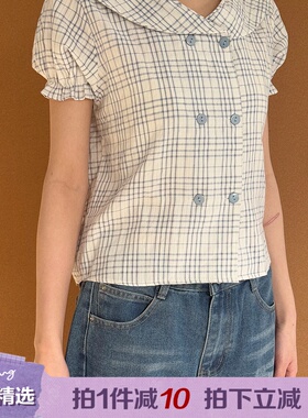 Chictang法式蓝色格纹海军领短袖衬衫女宽松泡泡袖上衣迈呐K0331