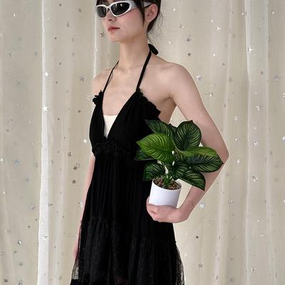 Chictang辣妹纯欲风蕾丝性感深V黑色露背连衣裙挂脖吊带裙夏季迈