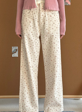 Chictang复古高腰碎花休闲长裤宽松显瘦直筒阔腿裤子女發呐K0331