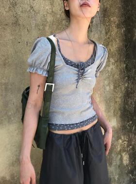 chictang韩系方领假两件拼接木耳边修身显瘦泡泡短袖t恤女夏迈贰