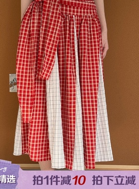 Chictang韩系复古绑带设计感格子纹拼接中长款半身裙子迈呐K0331