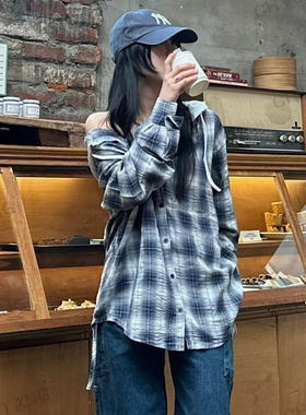 Chictang韩系藏青拼接连帽格子衬衫休闲慵懒风宽松衬衣外套恭陆