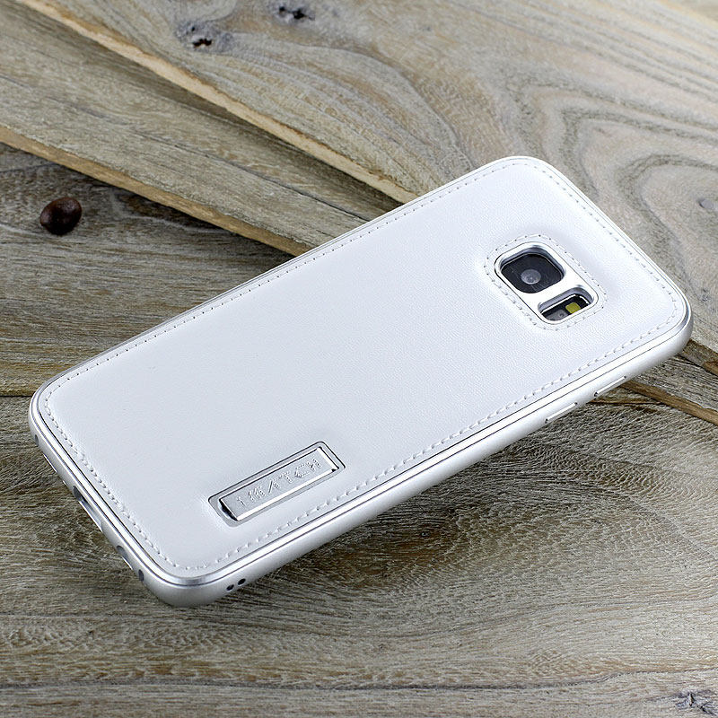 iMatch Luxury Aluminum Metal Bumper Premium Genuine Leather Back Cover Case for Samsung Galaxy S7 Edge