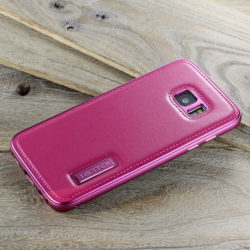 iMatch Luxury Aluminum Metal Bumper Premium Genuine Leather Back Cover Case for Samsung Galaxy S7 edge