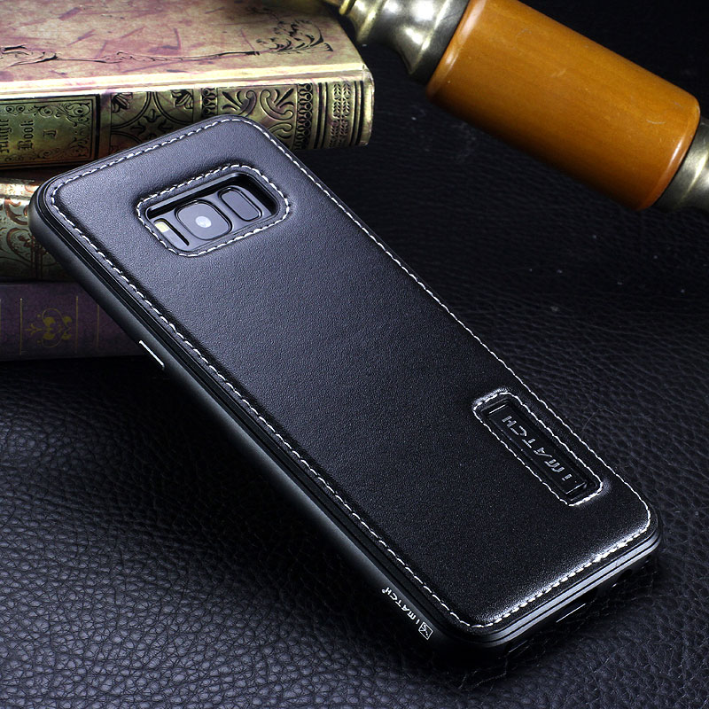 iMatch Luxury Aluminum Metal Bumper Premium Genuine Leather Back Cover Case for Samsung Galaxy S8 Plus/S8