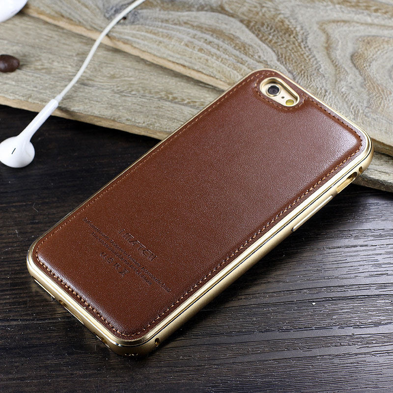 iMatch Luxury Aluminum Metal Bumper Premium Genuine Leather Back Cover Case for Apple iPhone 6S/6 & iPhone 6S Plus/6 Plus