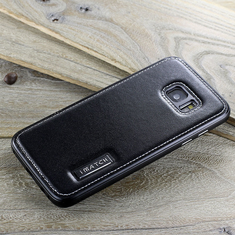 iMatch Luxury Aluminum Metal Bumper Premium Genuine Leather Back Cover Case for Samsung Galaxy S7 Edge