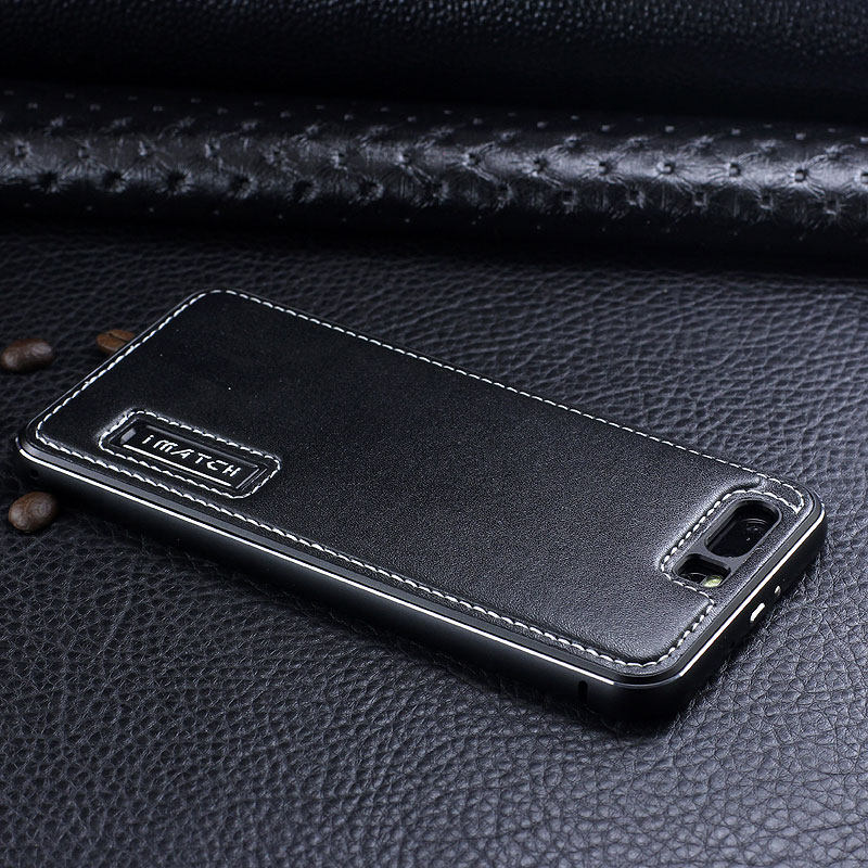 iMatch Luxury Aluminum Metal Bumper Premium Genuine Leather Back Cover Case for Huawei P10 Plus & Huawei P10