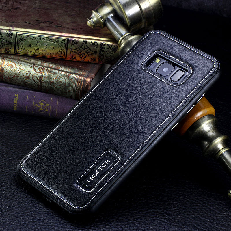 iMatch Luxury Aluminum Metal Bumper Premium Genuine Leather Back Cover Case for Samsung Galaxy S8 Plus/S8