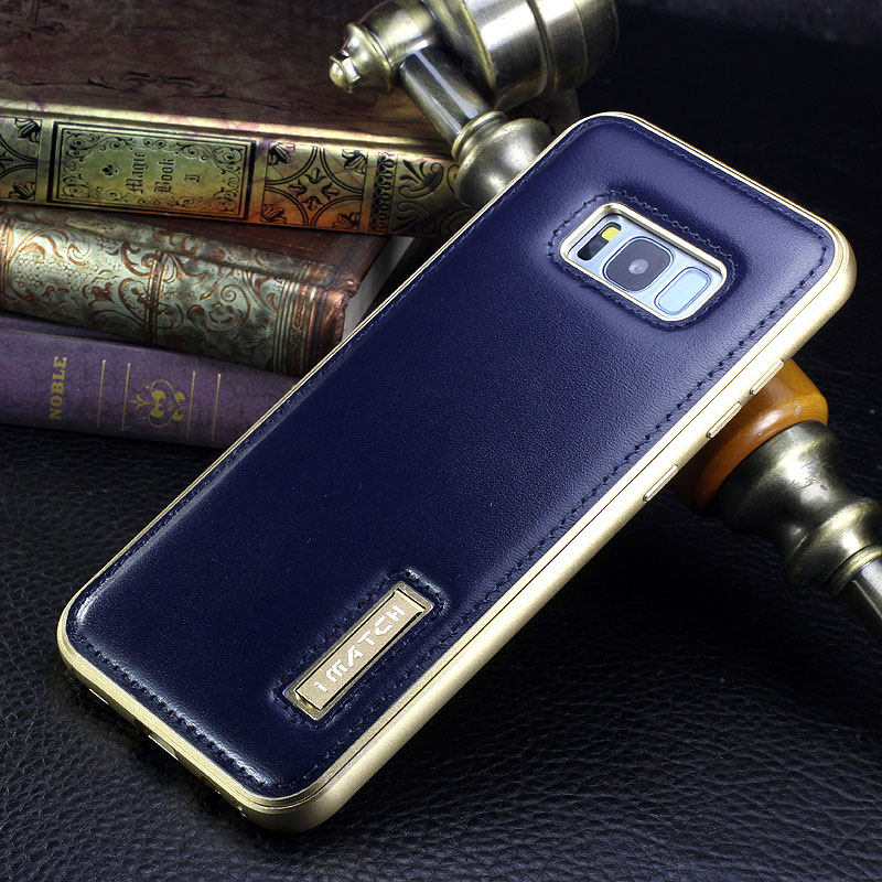 iMatch Luxury Aluminum Metal Bumper Premium Genuine Leather Back Cover Case for Samsung Galaxy S8 Plus/S8