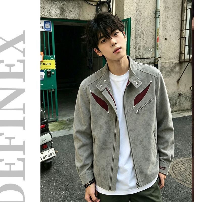 841原版蛋白皮PU无异味皮革美式雾面扎染撞色皮衣外套男款秋季