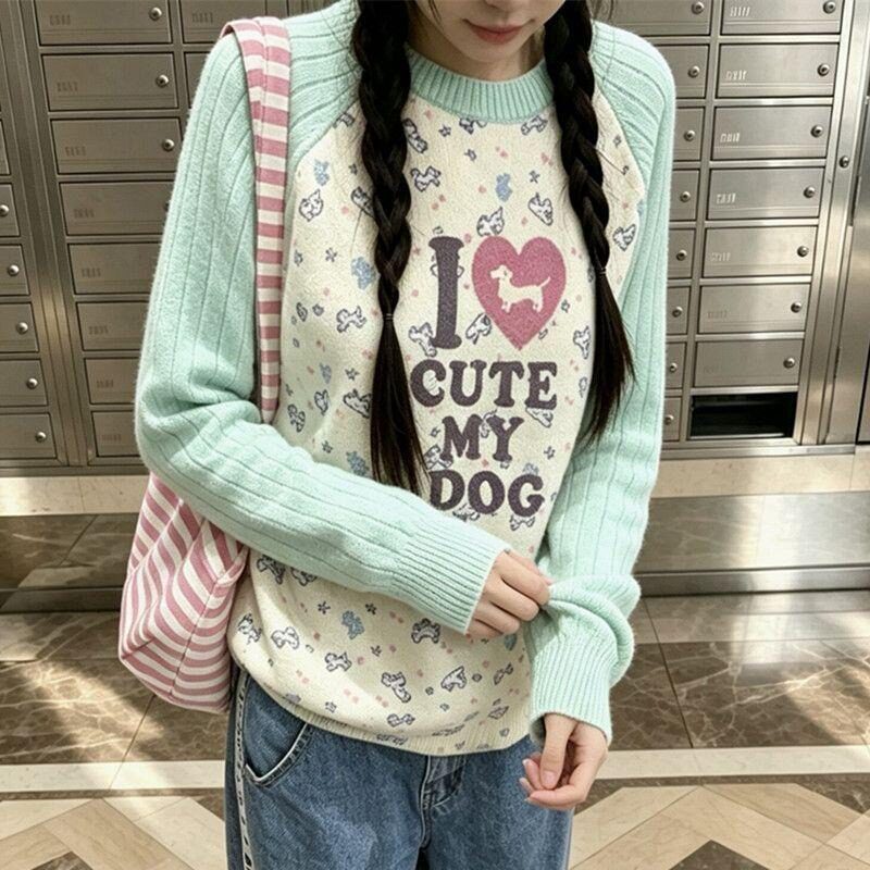 M49原版毛衣可爱卡通印花针织衫女秋季设计感撞色拼