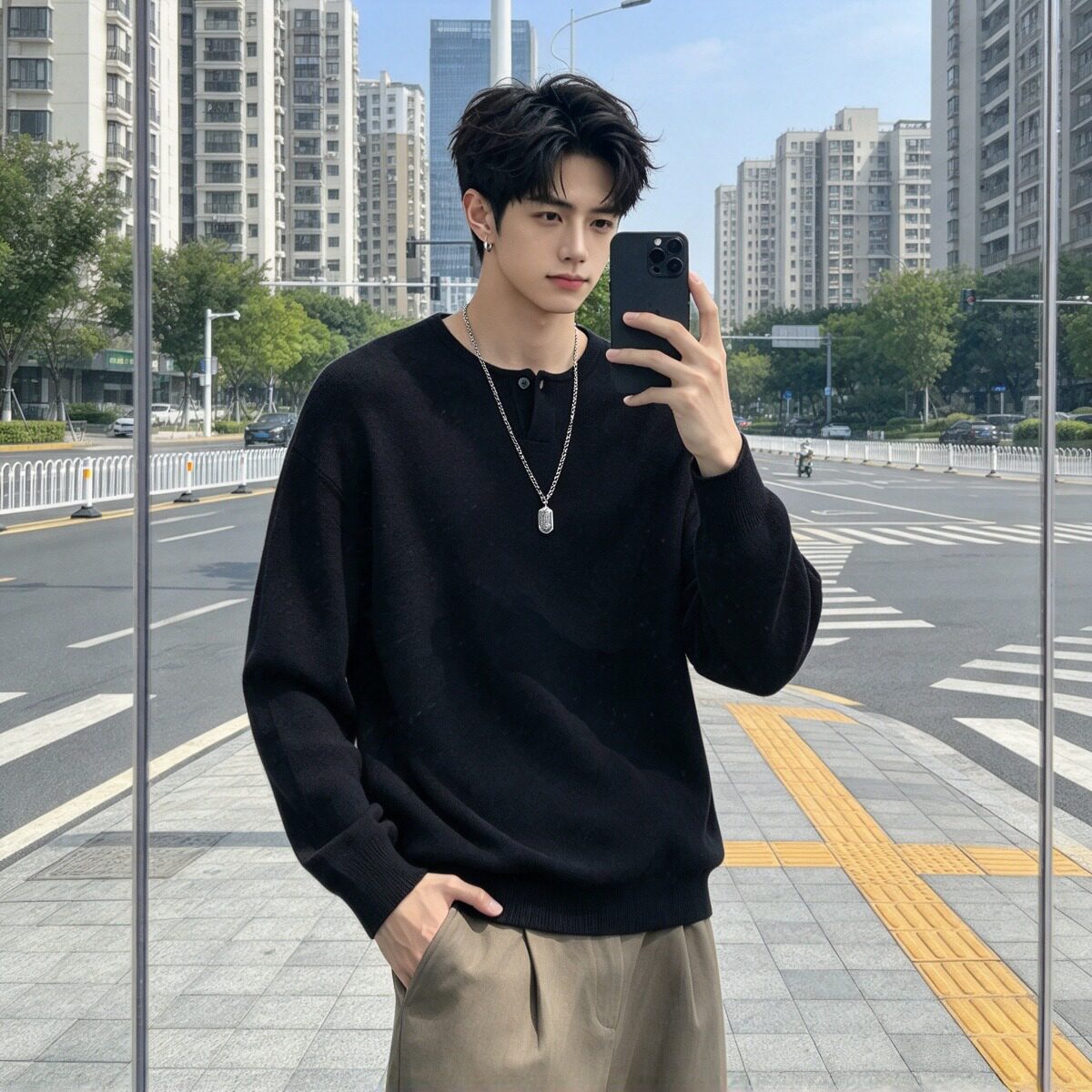 男士小V领一粒扣针织毛衣宽松落肩纯色套头衫简约休闲长袖上衣