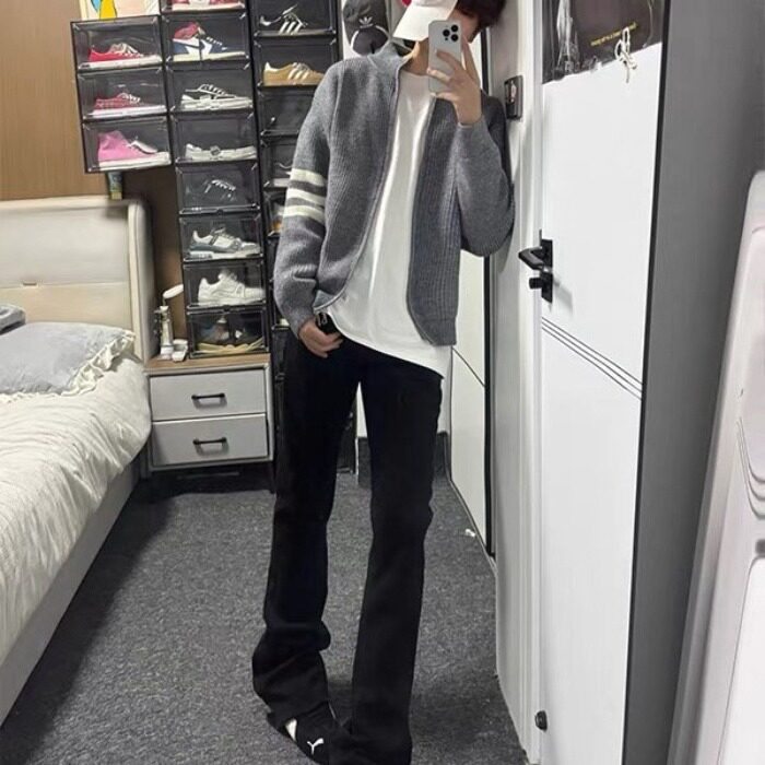 M46纯毛衣灰色立领三条杠开衫毛衣男cleanfit美式潮