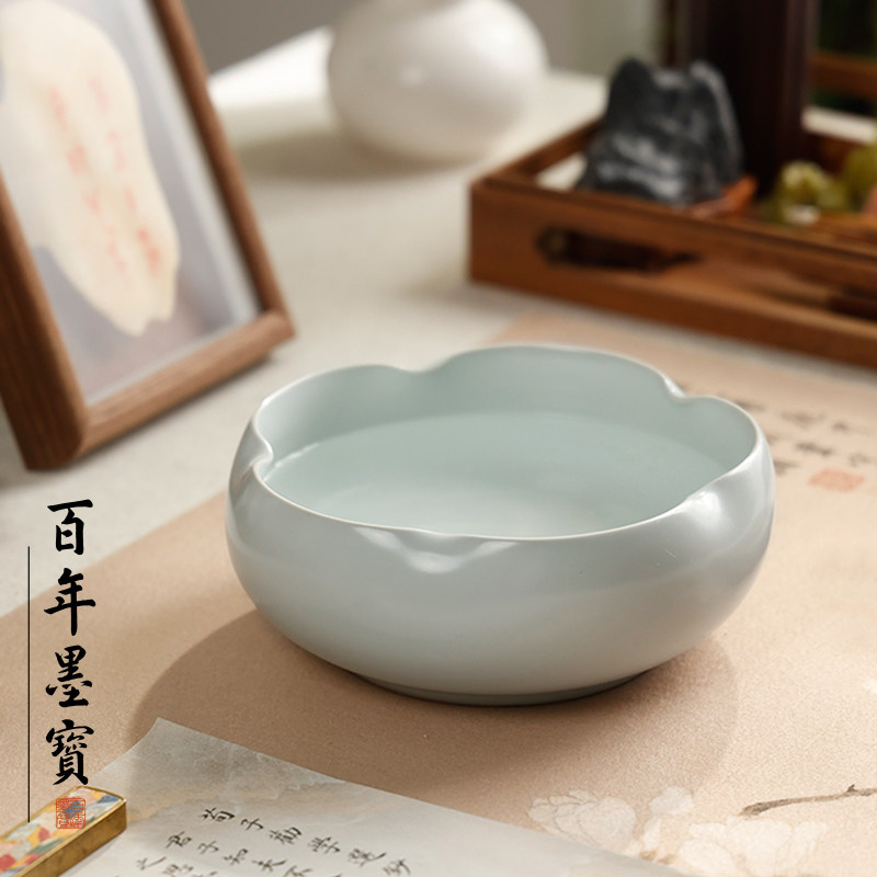汝窑海棠笔洗大号书法陶瓷多功能洗笔器文房四洗笔创意摆件批发毛笔练习水盂国画墨汁大号青瓷笔洗缸墨池图片