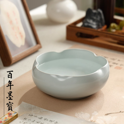 汝窑海棠笔洗大号书法陶瓷多功能洗笔器文房四洗笔创意摆件批发毛笔练习水盂国画墨汁大号青瓷笔洗缸墨池